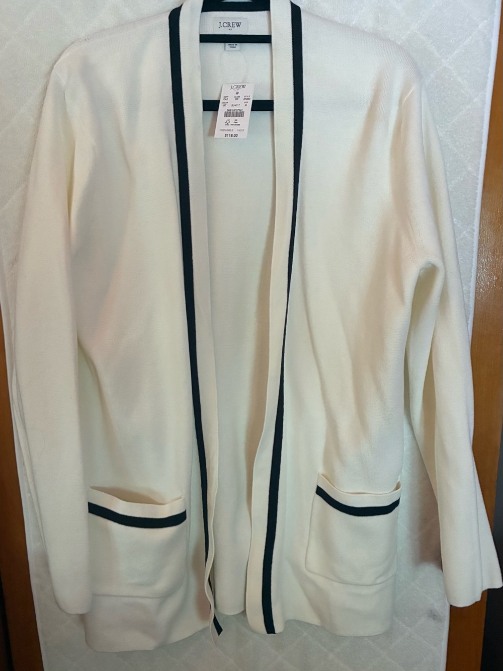 J. Crew White Open-Front Cardigan with Black Trim